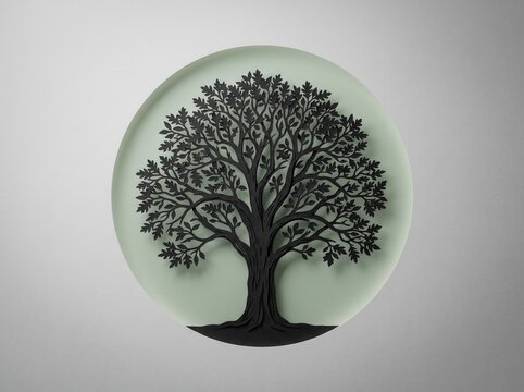 Intricate black tree silhouette on soft green circular background with artistic