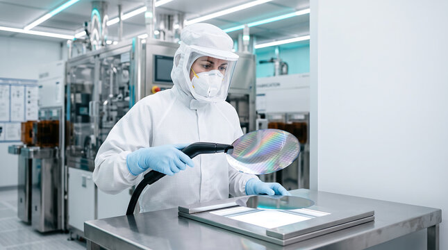 Advanced cleanroom worker meticulously examining a semiconductor wafer with specialized tools in a modern microchip fabrication plant