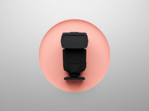 Minimalist black camera flash unit against a soft coral circular background