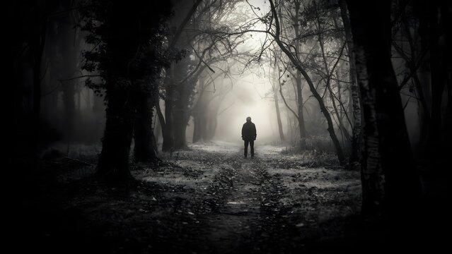 Silhouette of a person standing in a dark misty forest at night for horror concept
