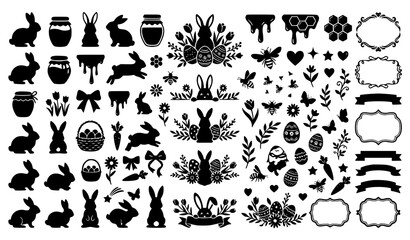 Fototapeta premium Easter Icon Set Vector Illustration, Black Silhouette Collection with Bunny, Basket, Eggs, Flowers and Decorative Frames