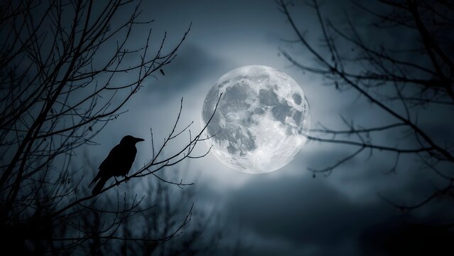 Black crow perched on a tree branch against a glowing full moon in a dark night sky
