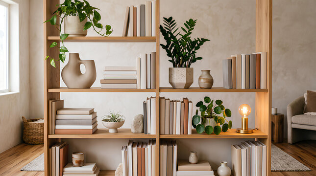 Stylish home decor styling with designer furniture and contemporary interior setup - Modern bookshelf styling with neutral hardcover bo