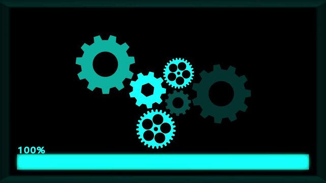Progress bar cogs animation displays teal gears with eighty nine percent. Bar cogs progress loading indicator features high tech system updates. Cogs progress bar is clean.