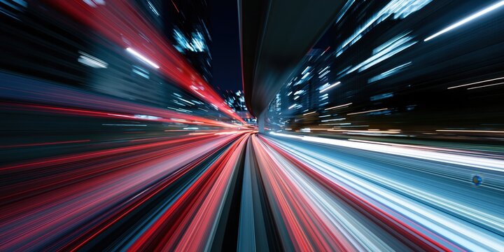 Urban Highway at Night with Vibrant Traffic Light Trails and Illuminated City Skyline