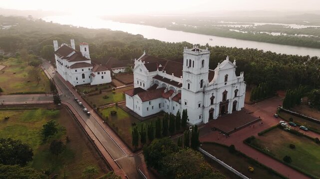 Aerial view of the se cathedral of santa catarina, a historic portuguese colonial church in old goa, india at sunset