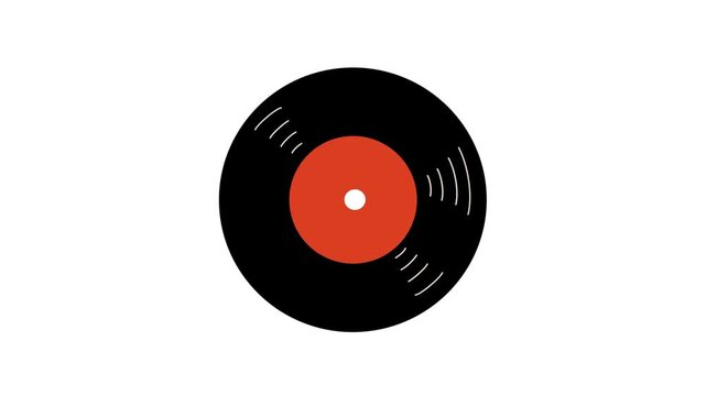 Stylized flat illustration of a classic black vinyl record with a vibrant red label, embodying vintage music, audio culture, and timeless analog sound
