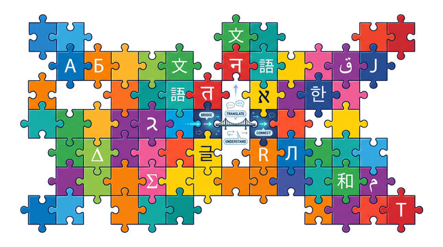 Multilingual jigsaw puzzle with global language characters, colorful puzzle pieces representing translation and communication