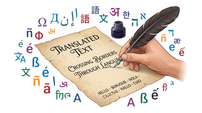 Vintage translation concept with hand writing on parchment, quill pen and inkwell, global language symbols for education and communication