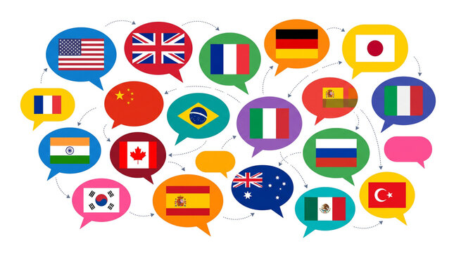 Multilingual speech bubbles with world flags, international language learning concept, global communication and translation icons on white background