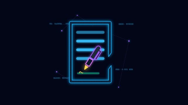 Animation contract signing document in agreement digital signature of electronic legal process business deal agreement