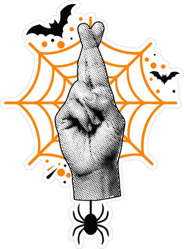 Retro Halftone Crossed Fingers Hand Sign PNG Illustration with Orange Spider Web, Hanging Spider and Bats on Transparent Background
