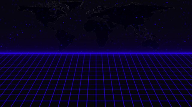 Grid landscape retro futuristic animation displays world map skies. Landscape retro futuristic terrain features synthwave wireframe grids. Futuristic grid landscape is clean.