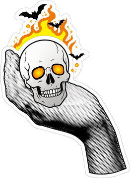 Retro Halftone Hand Holding Flaming Human Skull PNG Illustration with Glowing Eyes and Bats on Transparent Background