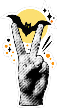 Retro Halftone Victory Peace Hand Sign PNG Illustration with Flying Bat and Full Moon on Transparent Background