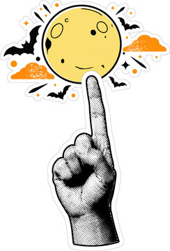 Retro Halftone Hand Pointing to Cute Full Moon PNG Illustration with Bats and Clouds on Transparent Background