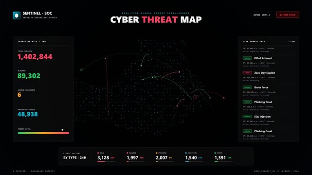Cyber threat map dashboard showing global digital security attack statistics