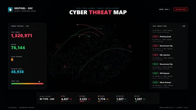 Cyber threat map dashboard showing global network security attack monitoring