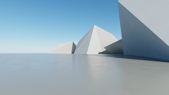 Abstract architecture background, Concrete faceted polygonal peaks structure on reflective floor, Scene for car presentation, Modern Exterior, 3D rendering