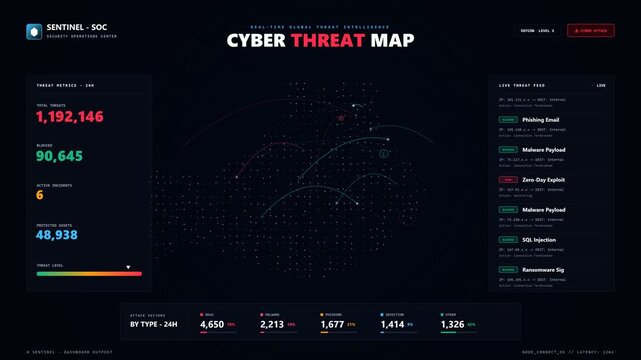 Cyber threat map showing global digital network security attack data dashboard