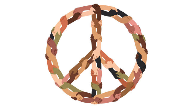 Peace sign symbol made of diverse human hands, unity and racial equality concept, multicultural community support icon on white