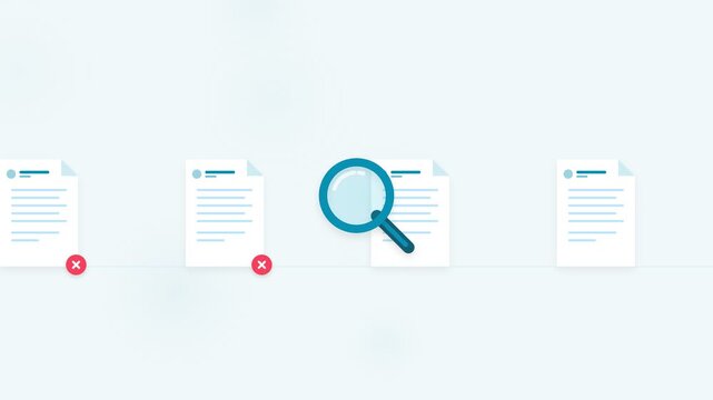 Magnifying glass scanning document files with check and cross symbols