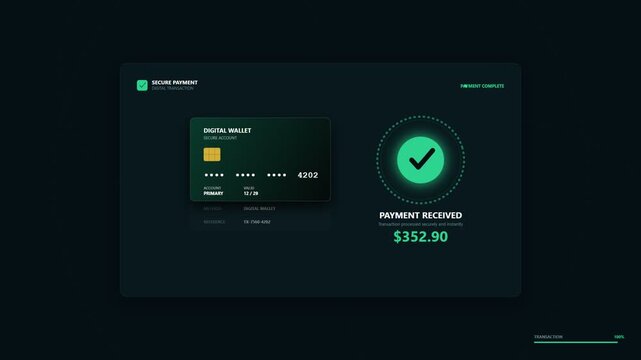 Digital payment processing interface with credit card and success confirmation