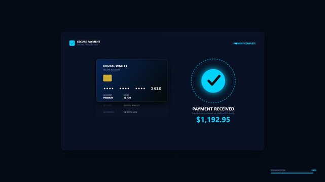 Digital payment processing interface with credit card and success confirmation