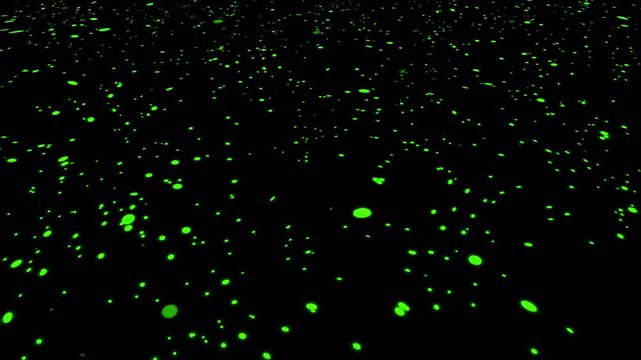 Glowing particles green light animation floats in dark cosmic space. Particles green light dust overlay features smooth spatial drift loops. Light glowing particles is sleek.