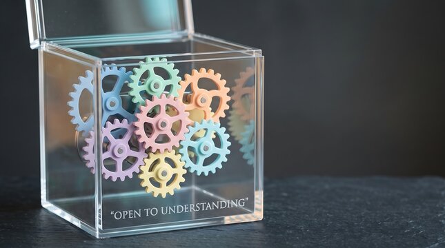 Colorful gears inside a transparent open box