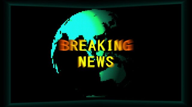 Breaking news announcement urgent text overlay displays world maps. News announcement urgent title screen features pixelated map grid. Urgent breaking news is neat.