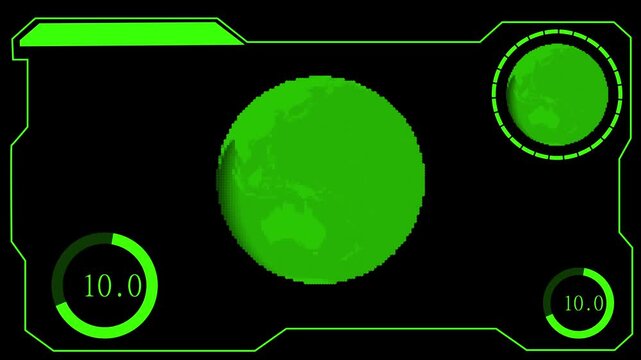 Digital interface technology animation displays pixelated green earth. Interface technology digital screen features electronic data logs. Technology digital interface is neat.
