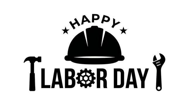 Happy labor day typographic design with a construction hard hat a hammer and a metal wrench