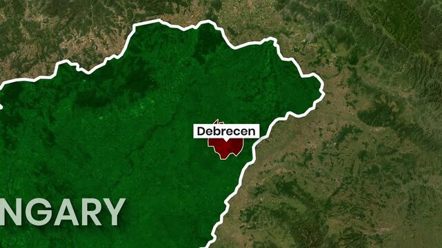 Animated Hungary map footage showing the Debrecen location zoom clip