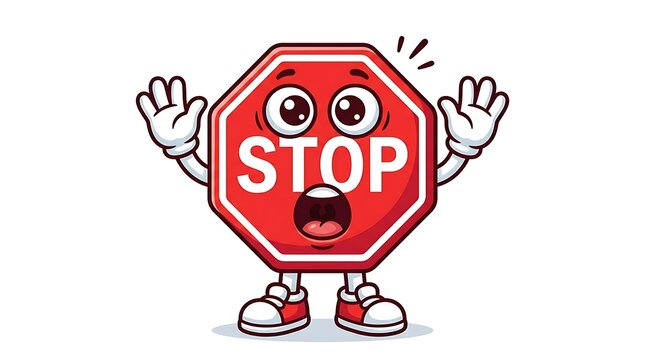 Cute red stop sign cartoon character with a funny surprised face and arms raised up in a shocked expression
