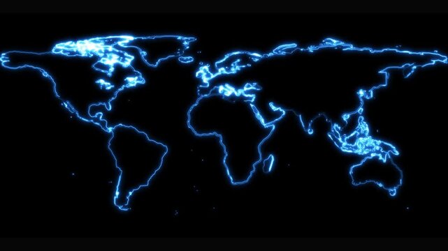 Glowing blue world map on black background