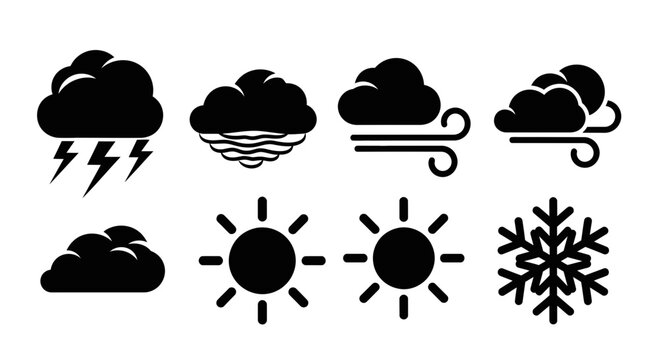 Weather forecast symbols icons set with symbols white background black weather thunderstorm meteorology conditions climate cloud rain with wind