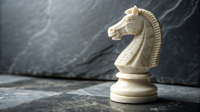White Marble Chess Knight with Intricate Carvings on Dark Textured Surface