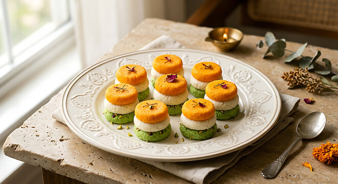 Handcrafted Bengali Tricolor Sandesh Sweets for 15th August Indian Independence Day Celebration. Luxury Food Photography of Traditional Saffron White and Pistachio Mithai on Ceramic Plate.