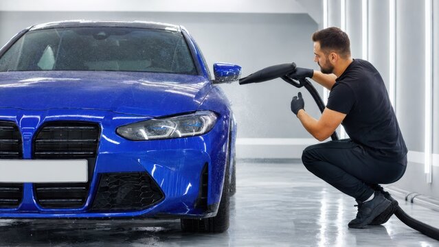 Male technician in black clothing using a vacuum to detail a blue car in a modern car wash facility with bright lighting and clean surfaces
