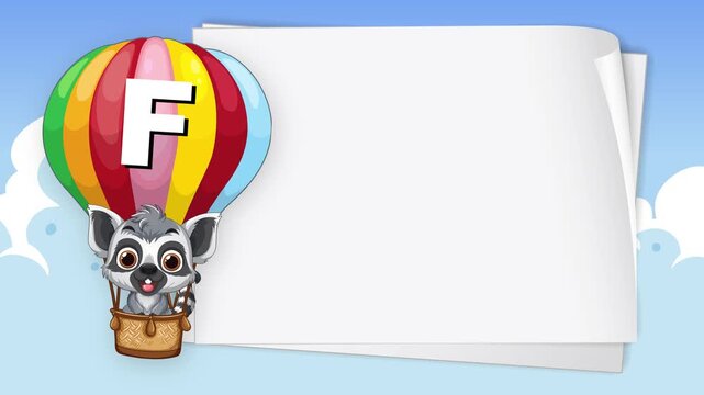 Cartoon Lemur in Hot Air Balloon with Blank White Paper Background