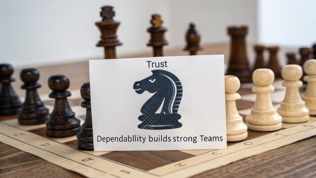 Knight chess piece with 'Trust Dependability builds strong Teams' message