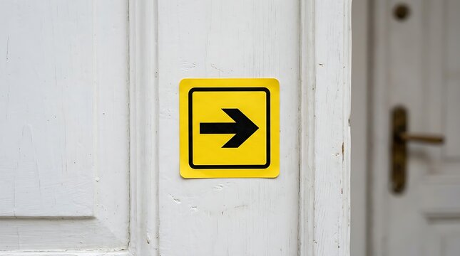 A yellow square sticker with a black arrow pointing to the right attached to a white wooden door in a room