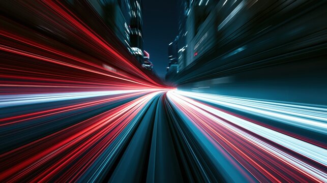 Urban Highway at Night with Vibrant Traffic Light Trails and Illuminated City Skyline