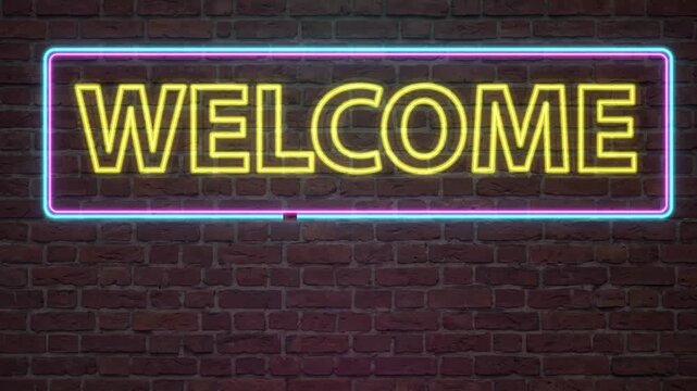 Animated Yellow Neon Welcome Sign on Dark Red Brick Wall