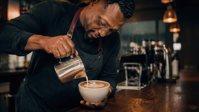 Male barista pouring steamed milk into a large bowl of coffee, creating latte art, with coffee equipment and warm lighting in a modern cafe setting