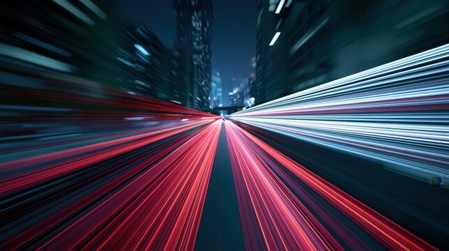 Urban Highway at Night with Vibrant Traffic Light Trails and Illuminated City Skyline