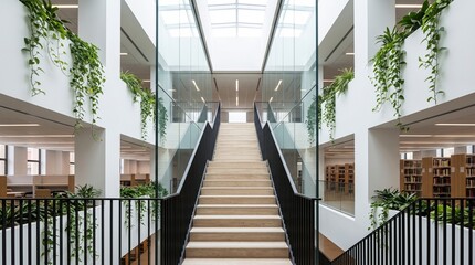 Naklejka premium Modern biophilic office interior with central staircase and plants.