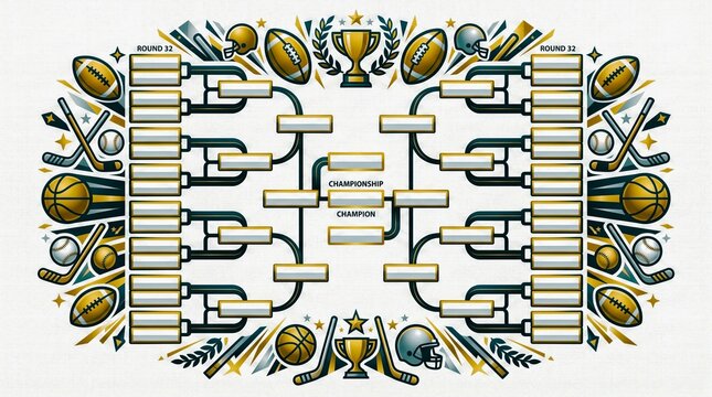 Sports tournament bracket design with basketball and football icons  