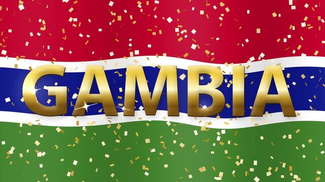 Waving Gambia Flag with Golden Text and Falling Confetti Animation